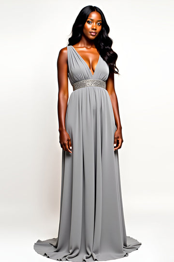 Robe d’invitée de mariée longue à col en V gris à dos ouvert